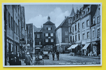 AK Weiden in der Oberpfalz / 1930er Jahre / Marktplatz / Oberes Tor / Geschäfte Schaufenster / Auto Fahrrad